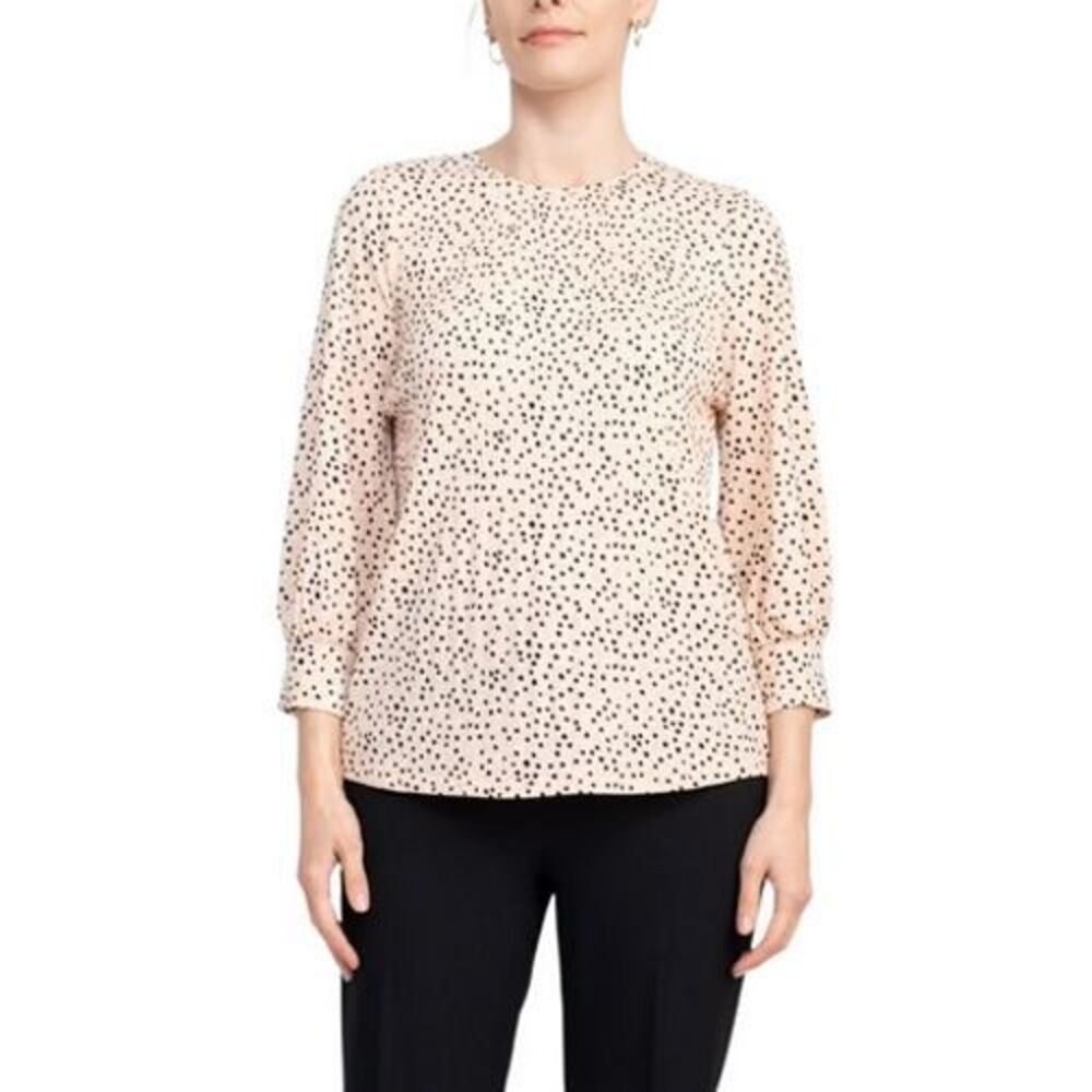 Adrianna Papell Blush Pink Polka Dot Pleated Long Sleeve Blouse Size L fits XL‎